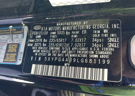 2020 Kia Sorento 2.4L Lx from USA, damaged, VIN 5XYPG4A39LG681199